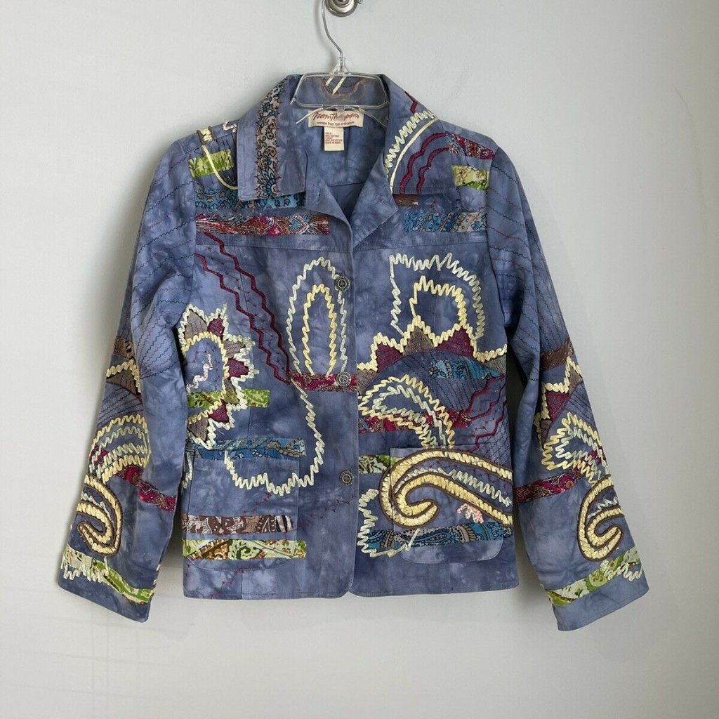 Norm Thompson Blue Artsy Embroidered Button Down Jacket